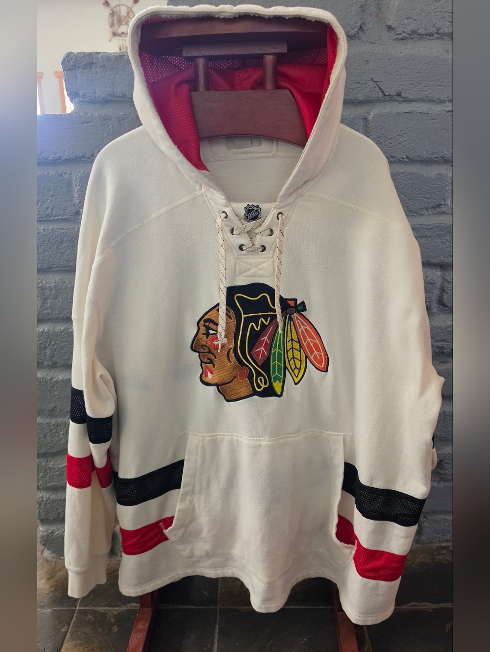 NHL White Cream Chicago Blackhawks Lace-Up Hoodie with Red & Black Accents 4XL